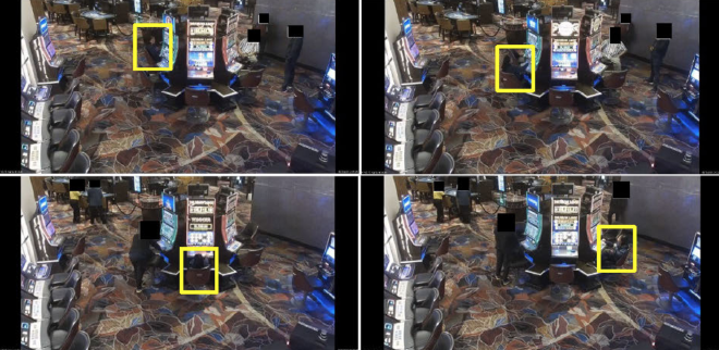 Surveillance photos of Ferrer entering the MGM National Harbor Casino in May and gambling at the high-limit slot machines. Source: Court files.