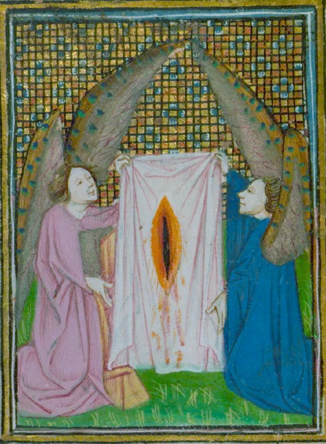 Book of Hours (Cistercian), Bleeding wound on cloth held by two kneeling angels (ca. 1440).